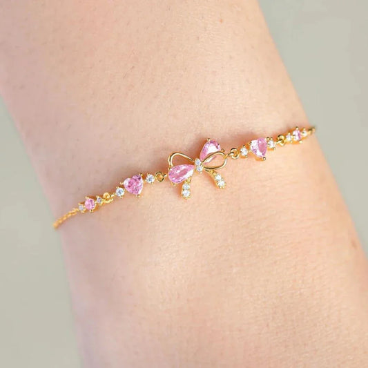Y2K Exquisite Sweet Pink Zircon Bowknot Love Heart Chain Bracelet For Women Girls Party Birthday Jewelry Gift