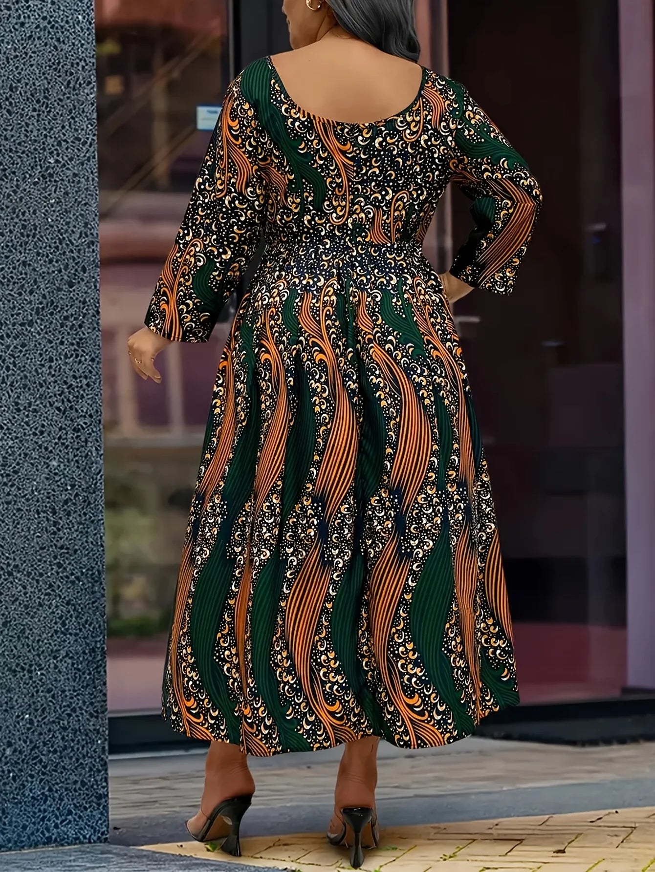 Plus size dress 1XL-5XL African tribal nationality printed large round neck long sleeve A-line skirt elegant fashion holiday