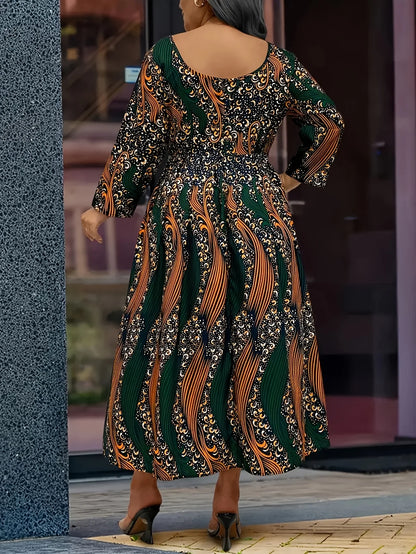Plus size dress 1XL-5XL African tribal nationality printed large round neck long sleeve A-line skirt elegant fashion holiday