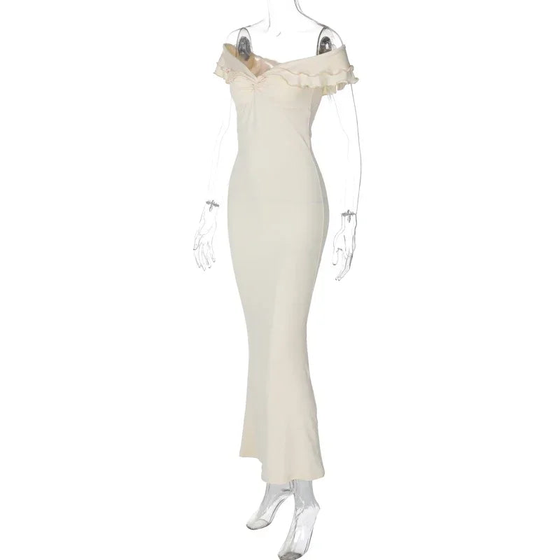 2024 Fall Solid Slash Neck Ruffles Sexy Bodycon Elegant Maxi Prom Dress Women Y2K Outfits Evening Party Birthday