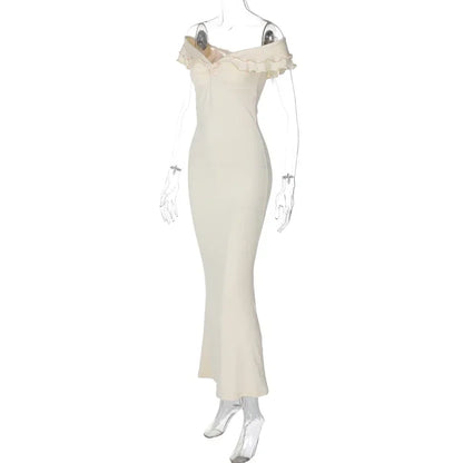 2024 Fall Solid Slash Neck Ruffles Sexy Bodycon Elegant Maxi Prom Dress Women Y2K Outfits Evening Party Birthday