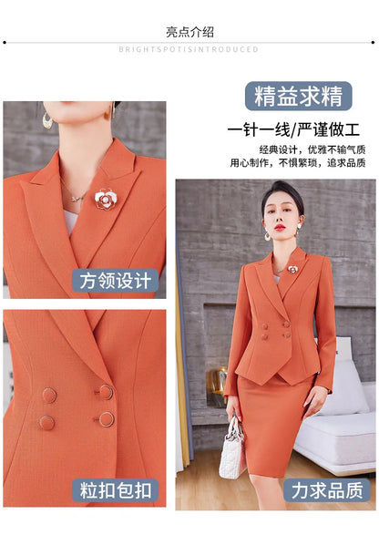 Navy Blue Suits Women 2023 New Spring Autumn Professional Long Sleeve Slim Blazer And Skirt Sets Office Ladies Work Wear Orange