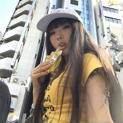 Karrram Japanese Y2k Letter Print T-shirt Vintage Harajuku Crop Top Trashy 2000s Style Short Sleeve Tee Shirt American Retro 90s