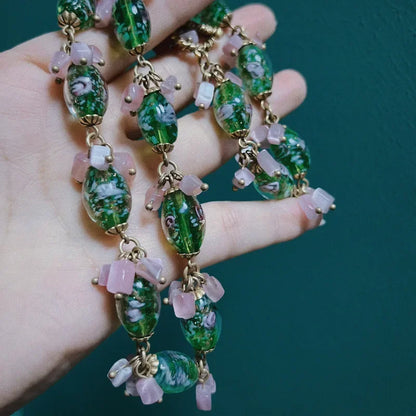 Pink Bowknot Jewelry Set Bride Natural Stone Crystal Necklace Earrings For Women Green Glass Beads Sweet Collar Accessories 2025