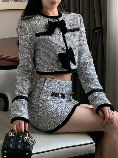Fashion Sexy Spice Girls Silver Suit Women Autumn Y2k New High Quality Contrast Color Bow Jacket Coat+Skirt Street Two-Piece Set