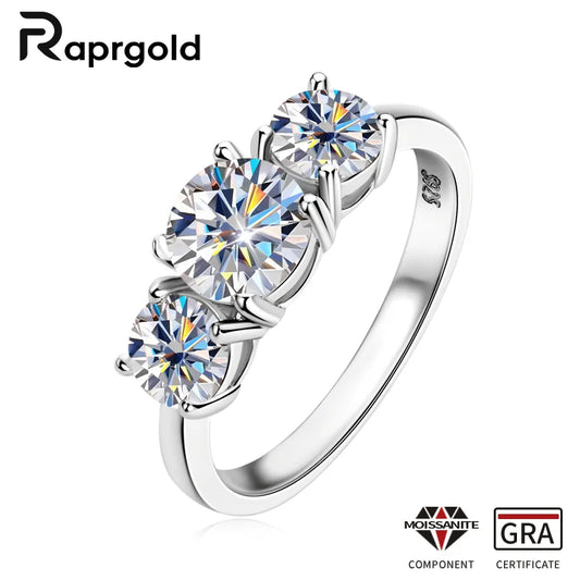 RAPRGOLD 925シルバー レディース ファッション エンゲージメントリング ラウンドカット 6.5mm/8mm モアッサナイト スリーストーンリング 女性用 ウェディングジュエリー
