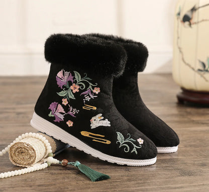 ファッション冬用ブーツ レディースシューズ エスニックスタイル 刺繍入りショートブーツ レディース 暖かいスノーシューズ 女性用 アンティークダンス フラットブーツ