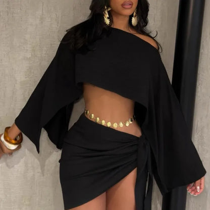 HLJ Elegant Off Showlder Two Piece Outfits Woman Summer One Shoulder Flared Sleeve Loose Crop Top and Skirt Suit Streetwear New