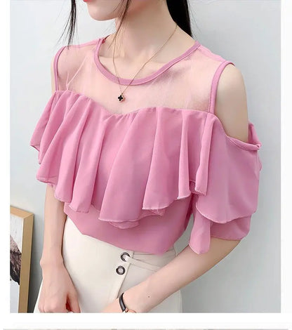 Off Shoulder Sexy Chiffon Blouses Women 2025 Summer Korean Fashion Clothes Ruffles Slim Sweet Ladies Casual Lace Tops Shirts Y2k