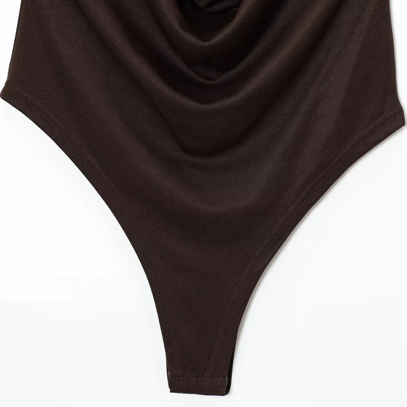 HXAO Halter Neck Bodysuits Sexy Summer Off Shoulder Bodysuit Women Brown Top Ruched Ring Backless Thong Bodysuit Woman One Piece