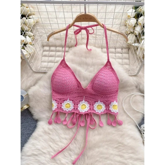 Bohemian Seaside Camisole Women 2024 Summer New Vacation Style Bikini Bra Suspender Vest Sexy Backless Strap Slim Fit Short Top