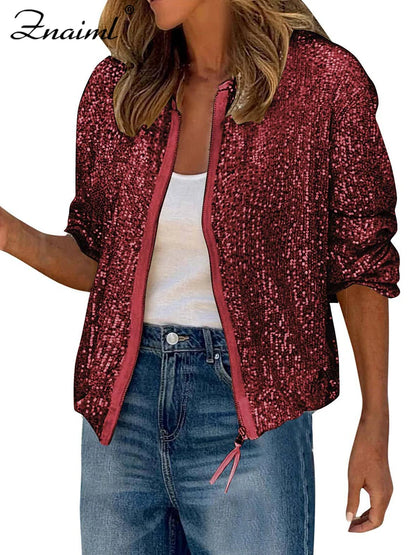 Znaiml Women Luxury Sequin Jacket Y2k Harajuku Green Color Zipper Long Sleeve Short Coat Autumn Winter Ladies Night Clubwear New