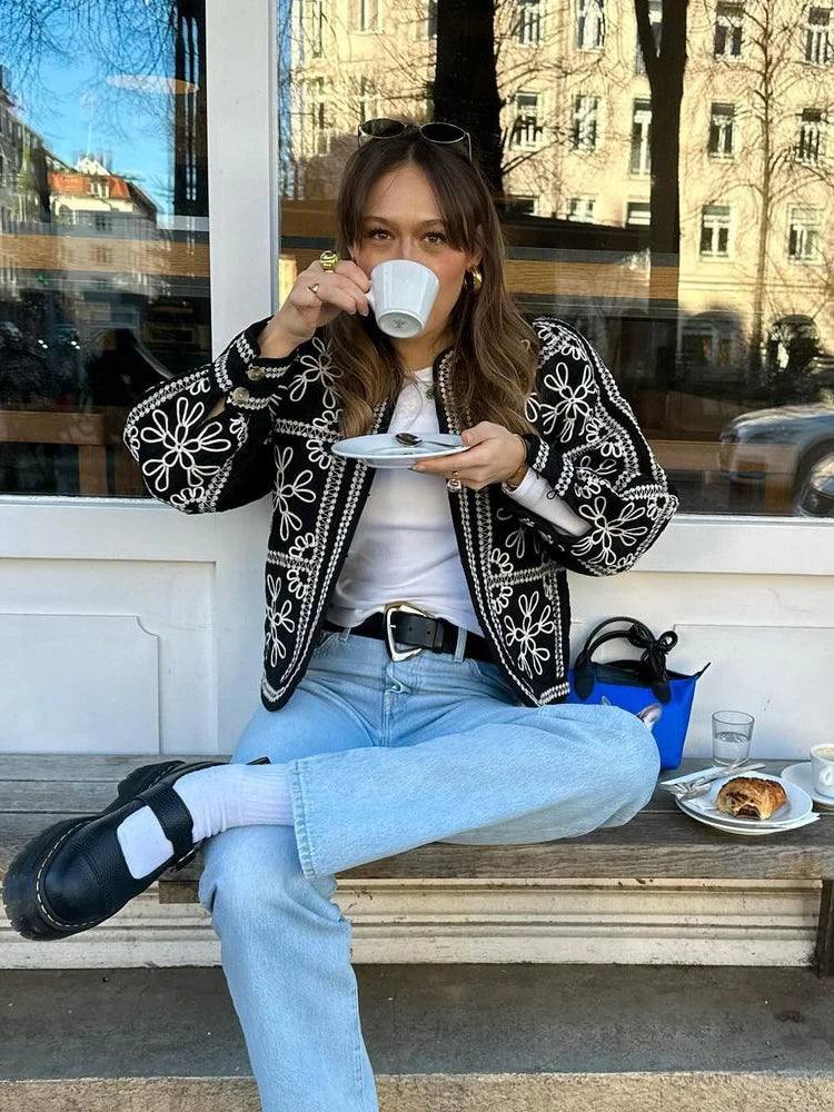 Fashion Floral Printing Cardigan Bomber Jacket For Women 2024 Autumn Round Neck Long Sleeve Coats Lady Elegant Street Outerwear