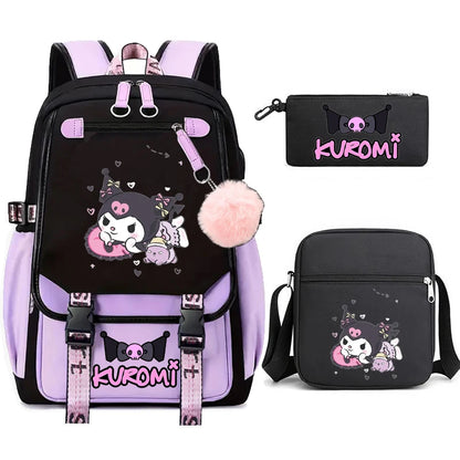 Kuromi Student Backpack 3pcs Cartoon Rucksack Girls School Bag High Capacity Women Backpack Female Cute Leisure Travel Mochilas