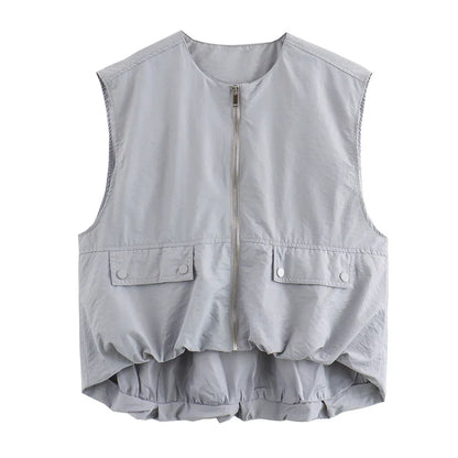 SIYANG Women Fashion Chic Loose Sleeveless Pockets Vests Female O-Neck Pleated Hem Waistcoats Ladies Casual Streetwear