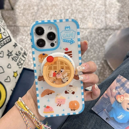 Luxury Cute Waffle Cake Magsafe Wireless Charge Case For iPhone 13 14 15 16 Pro Max Funny Cartoon Waffle Shake Magnetic Holderr