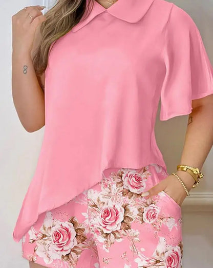 Two Peice Set Asymmetrical Hem Top & Floral Print Shorts Set Women Casual New Fashion 2023 Summer