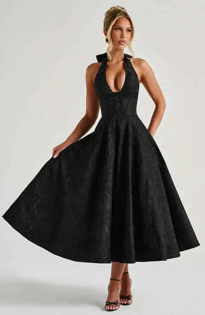 Giyu Club Evening Party Dresses Women 2025 Summer Sexy Bow Halter Long Dress Elegant Jacquard Lace Up Backless Birthday Robe