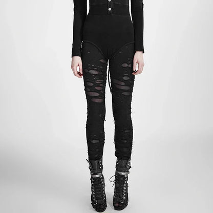 PUNK RAVE ゴシック レディース ブロークンメッシュ レギンス ハイエラスティック ホール クロシェ ブリーザブル リップドパンツ ブラック レッド スチームパンク チャーム セクシー