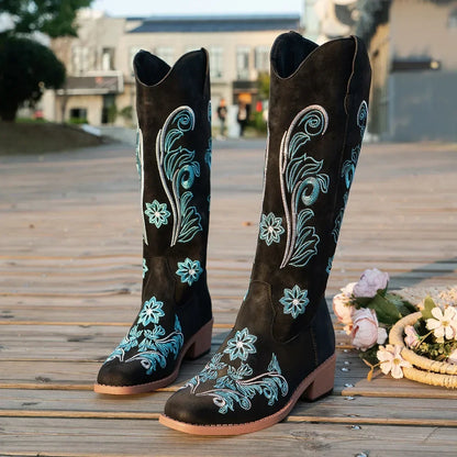 レディースブーツ 新作 刺繍入り ロングチューブブーツ ローヒール ふくらはぎ 防水 防寒 快適 ファッション ナイトブーツ