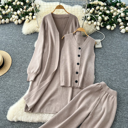 SINGREINY Autumn Knitted Warm Suits V Neck Buttons Vest+Full Sleeve Long Cardigans+Wide Legs Pants Women Solid Three Pieces Sets