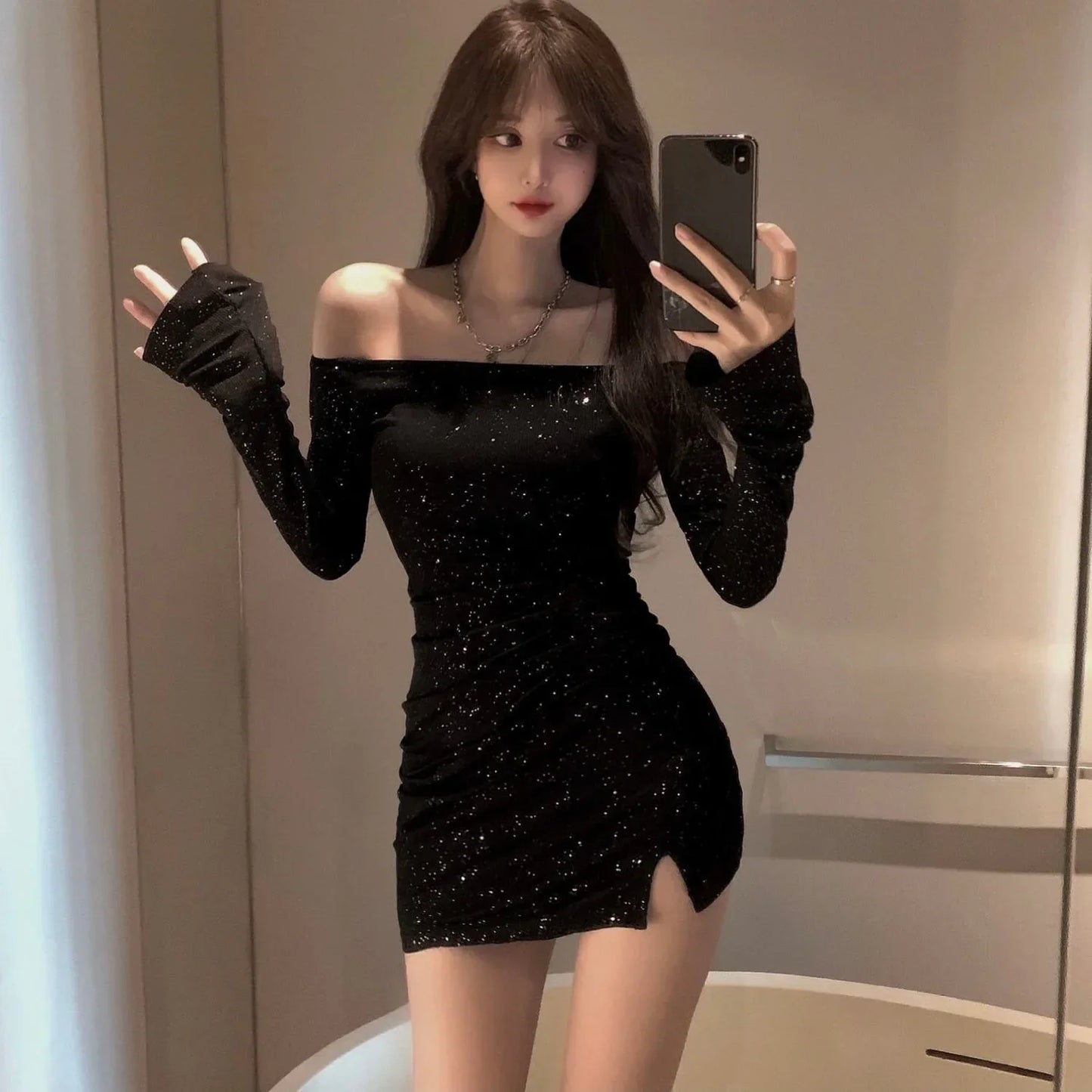 ワンショルダードレス エレガント 女性用 スリム ダイヤモンド 長袖 イレギュラー セクシー ホットガール ショート 春秋 ブラック セータードレス