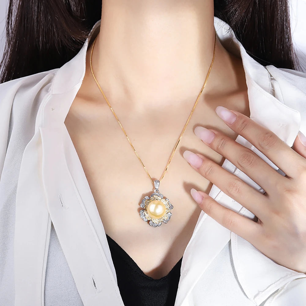 KNRIQUEN Charm 14mm White Gold Big Pearl Pendant Necklace for Women Lab Diamonds Anniversary Gift Party Fine Jewelry Accessories