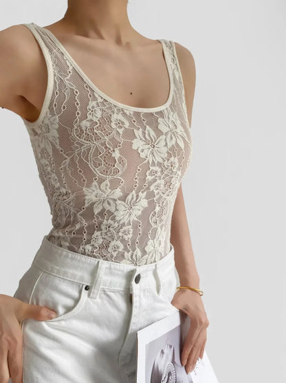 Women's Tank Double Layer Lace Bodysuit With Low Back Detail