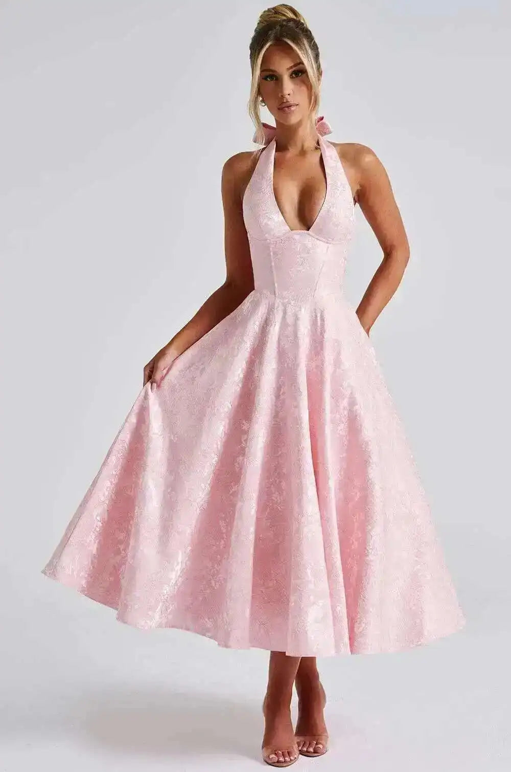 Giyu Club Evening Party Dresses Women 2025 Summer Sexy Bow Halter Long Dress Elegant Jacquard Lace Up Backless Birthday Robe