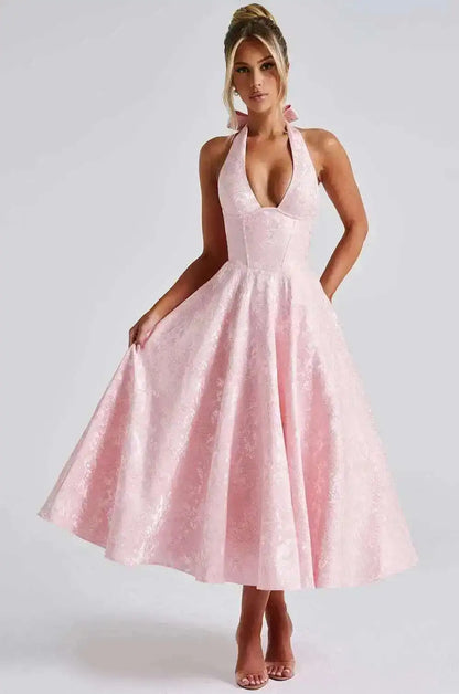 Giyu Club Evening Party Dresses Women 2025 Summer Sexy Bow Halter Long Dress Elegant Jacquard Lace Up Backless Birthday Robe