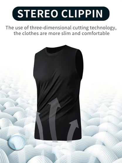 Men's Sports Vest Black 5-Piece Breathable Round Neck Slightly Elastic Fabric Pure Color Suitable for Spring, Summer and Autum R