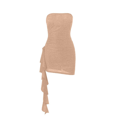 2024 Glitter Sexy Dress Women Strapless Skeleton Mini Summer Bodycon Dress Vestido Elegant Ruched Ruffles Robe Night Party Dress