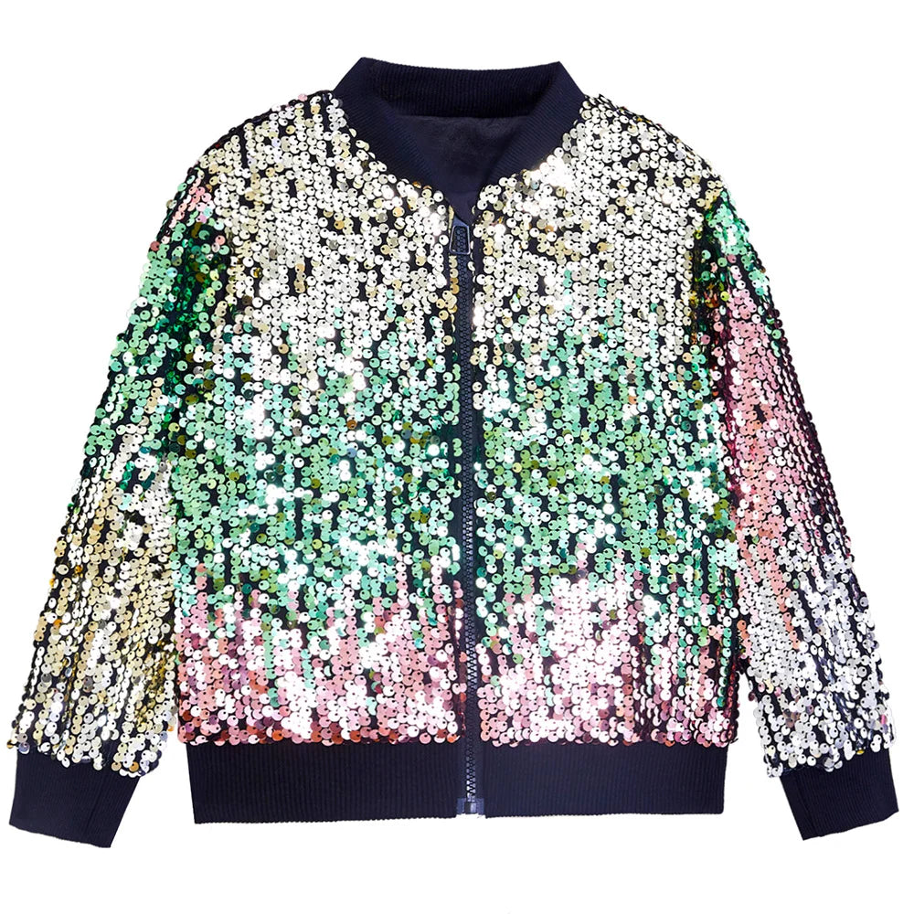 Luxury Sequin Zip Up Rainbow Gradient Coat Shiny Beaded Bomber Jacket Club Dance Streetwear Drop Shoulder Cardigan Tops Abrigos