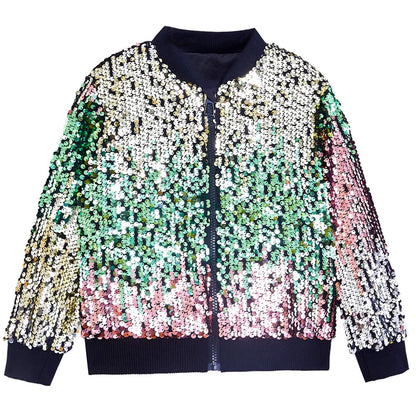 Luxury Sequin Zip Up Rainbow Gradient Coat Shiny Beaded Bomber Jacket Club Dance Streetwear Drop Shoulder Cardigan Tops Abrigos