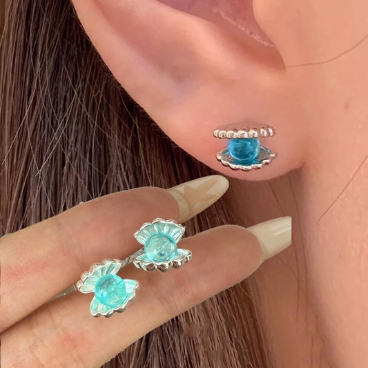 Fashion Shell-shaped Stud Earrings Blue Color Earrings for Women Ear Studs Sweet Girls Fashion Jewelry Party Gifts