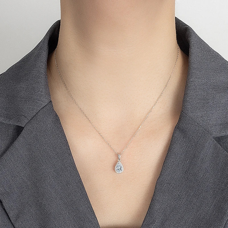 PERFANY 1CT Pear Cut Moissanite Necklace for Women S925 Pure Silver Sparkling Diamond Pendant Luxury Jewelry Party Gift