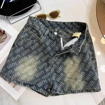 Letter Printed Denim Shorts  Women Design High Waist Loose Slimming Wide-leg A-line Hot Pants