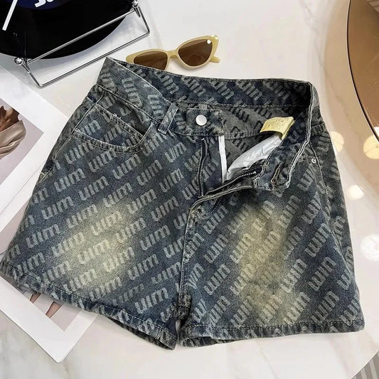Letter Printed Denim Shorts  Women Design High Waist Loose Slimming Wide-leg A-line Hot Pants