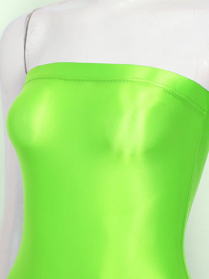 Sexy Women Oil Glossy Sheer Bodycon Dress Females See Through Strapless Pencil Dress Smooth Tight Mini Dress Clubwear