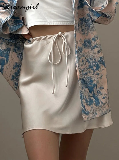 Satin Mini Skirts Women Summer Beige Silk Short Skirt For Woman Drawstring High Waist Black Satin Skirt A Line Women Short 2025