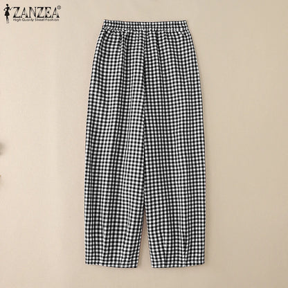 ZANZEA 2025 チェック柄パンツ レディース ファッション ランタンパンツ カジュアル ルーズ ロングパンツ 夏 ポケット 伸縮性ウエスト ボトムス オーバーサイズ
