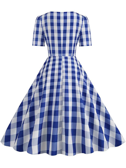 Green Plaid Swing Party Dresses Women Elegant Vintage Square Collar Short Sleeve Casual Summer Dress