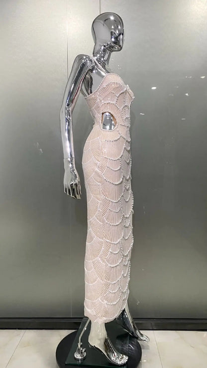 Deluxe Exquisite Sequin Beaded Sexy Hollow Suspender Dress Celebrity Birthday Party Dinner Dress Sweet Date Prom Dress