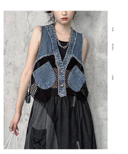 Grid Stitching V-Neck Denim Vest Women's Summer Fried Street Fashion Brand Loose Burrs Short Sleeveless Vests Jackets Female