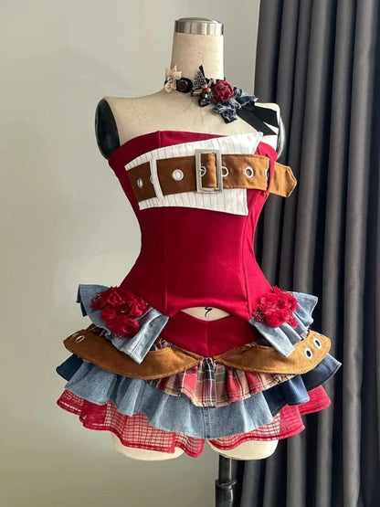 Punk Style Vintage Elegant Y2K Woman 2 Piece Sets Gothic Sleveless Crop Tops +High Waist Ruffle Skirt Female Party Chic Outfits