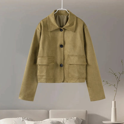 Retro Suede Jackets Women Elegant Single Breasted Lapel Brown Coats Female 2024 Autumn Winter Fashion Soft Pocket Outwears Lady