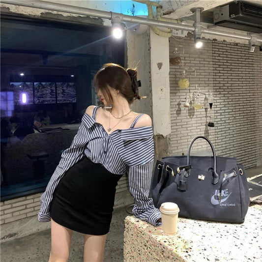 スラッシュネック ミニドレス レディース 韓国風 ストライプ パッチワーク ヒップラップドレス ファッション ストリートウェア 長袖 ボディコンデザイン ワンピース 新作