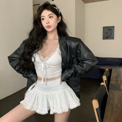 Sensually Innocent Style Ribbon Lace Camisole Slim Fit Ballet Summer Tube Top with Breast Pad INS Hip Hop Short Tank Women Girl