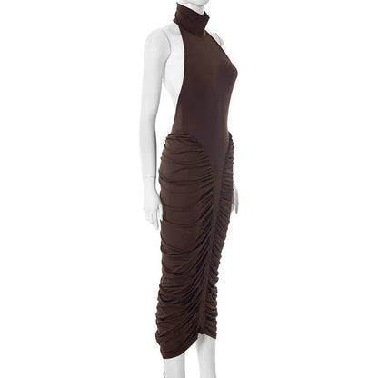 Mozision Turtleneck Backless Ruched Sexy Maxi Dress Women Brown Off-shoulder Backless Bodycon Club Party Long Dresses Female
