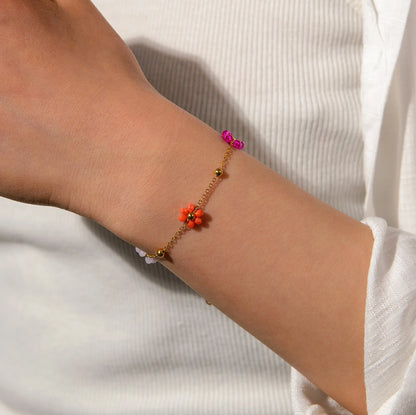 Freeteeme Fashion Colorful Flower Bracelet for Women Girls Stainless Steel Jewelry Gold Color Beads Chain Valentine's Day Gift